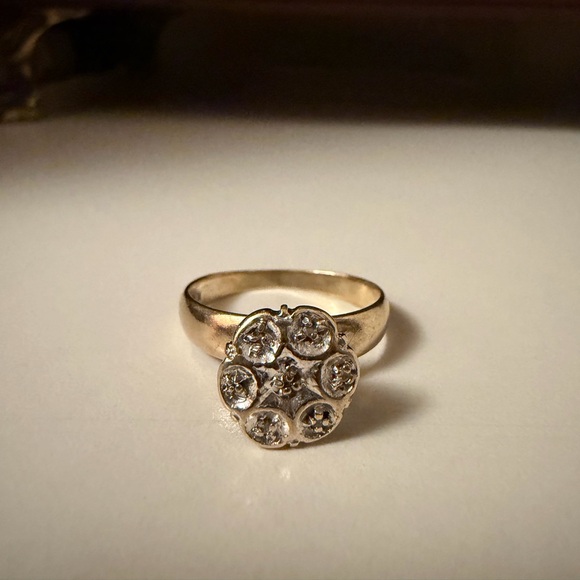 Catbird Jewelry - Vintage 10kt solid gold bicolor floral natural diamond cluster ring thick band